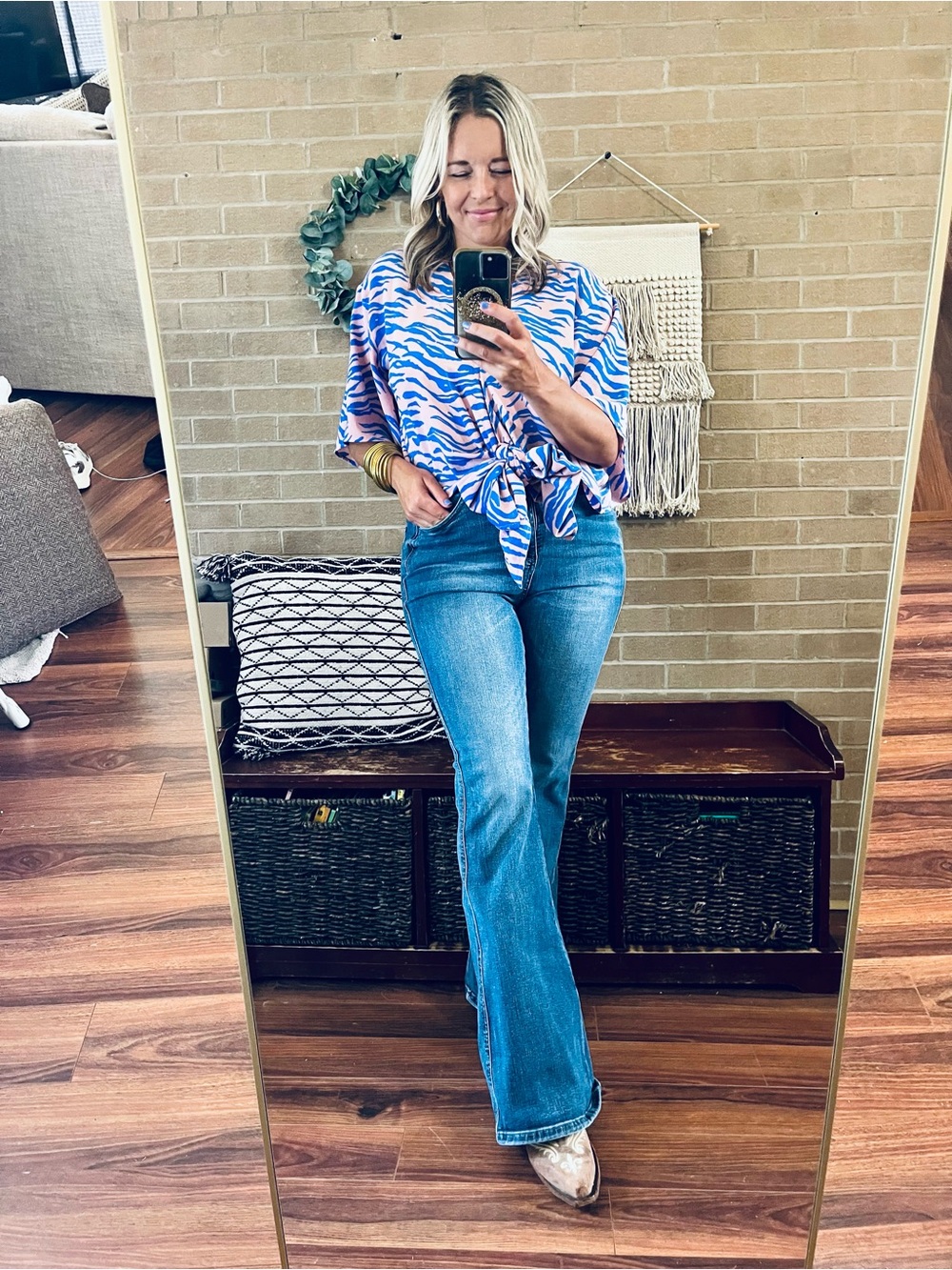 Buddy Love Pink and Blue Zebra Tie-Front Blouse